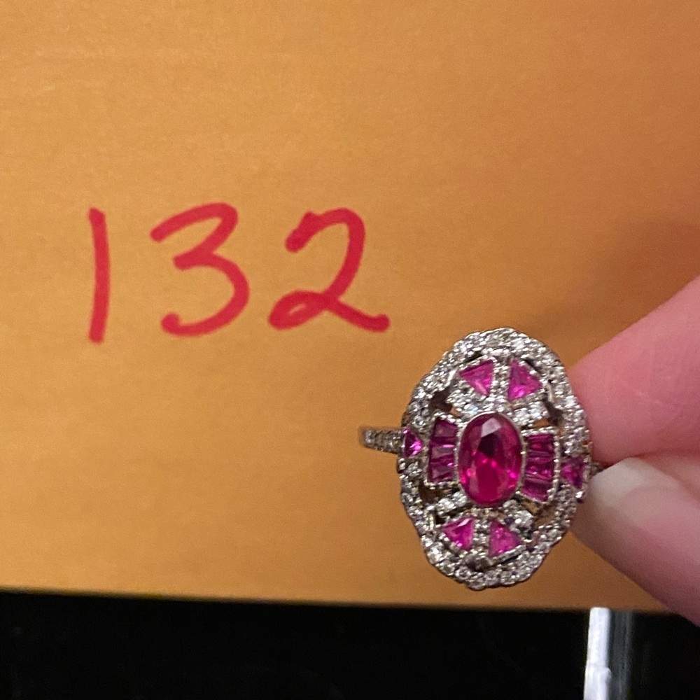 Vintage Art Deco Style Oval Ruby Lab Created Diamond Sterling Silver Ring 9.75 - Picture 12 of 12